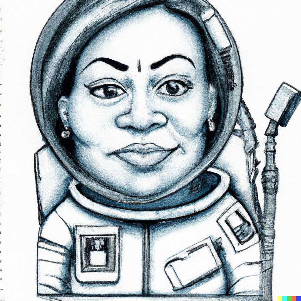 an astronaut, pen and ink caricature
